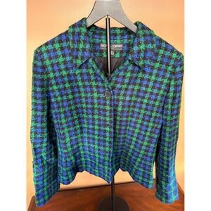 Kasper & Company ASL Blue Green Plaid Tweed Boucle Blazer Jacket Vintage Size 14
